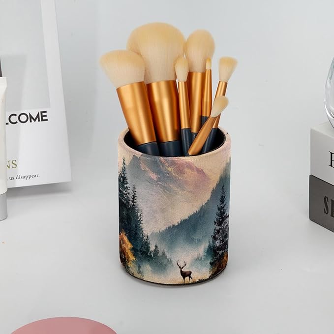 Watercolor Mountain Deer PVC Leather Circular Pencil Holder for Desk Organizer Stationery Holder for Office, School(3.9 x 3.1 Inches)