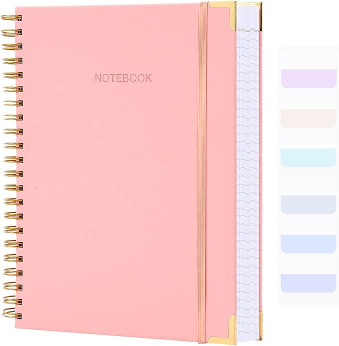 Spiral Notebook, College Ruled Notebook Journal, 7” x 10”, 300 Pages Leather Writing Journal for Women Men, B5 Hardcover Notebook for Work School, 24pcs Index Tabs, Pink