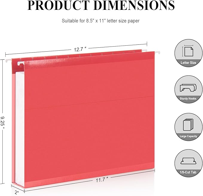 ViVin 20 Pack Letter Size Hanging File Folders with 20 Per Box, 1/5-Cut Adjustable Tabs, 2 Inch Expansion, Hanging Folders Designed for Office Bulky Files, Filing Cabinets(Multicolored)