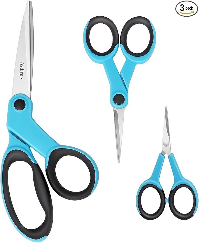 Fabric Scissors Set - Sharp Stainless Steel Blade and Soft Handles, Sewing, Craft and Embroidery Scissors, 3PCs, Blue/Black