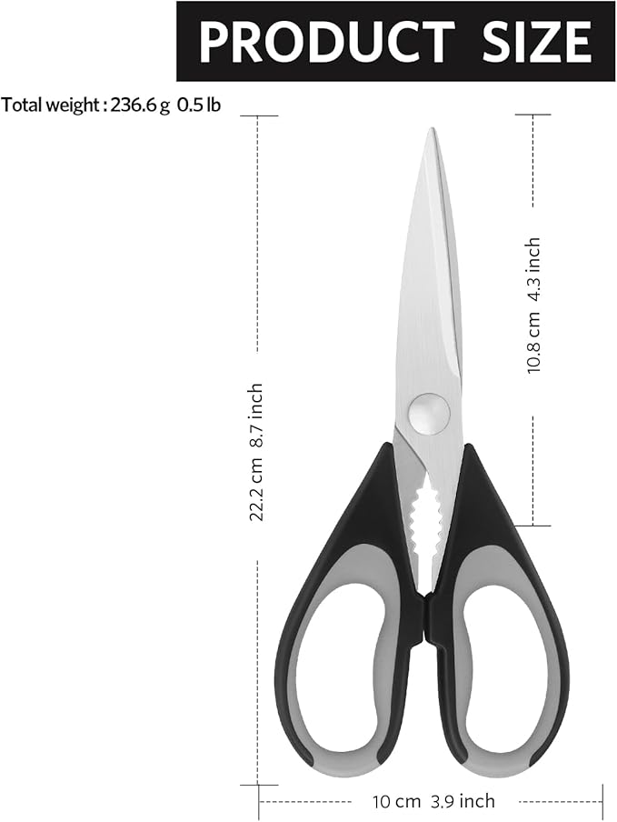 Kitchen Scissors, Stainless Steel Blades, Soft Grip, Multifunctional Kitchen Scissors Set, Black/Grey, 2 Piece Set