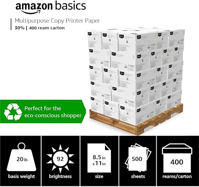 Amazon Basics 30% Recycled Multipurpose Copy Printer Paper, 8.5 x 11 Inches , 20 lb, Pallet, 400 Reams (200,000 Sheets), 92 Bright, White