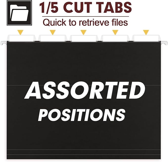 HERKKA Hanging File Folders, 30 Pack Reinforced Letter Size Hanging Folders, Designed for Bulky Files, Filing Cabinet, 1/5-Cut Adjustable Tabs (Black)