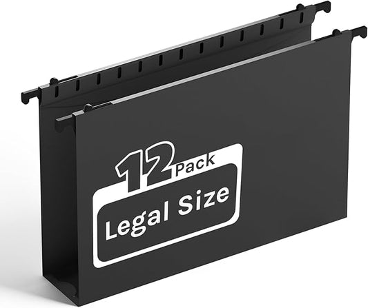 Ansook Extra Capacity Legal Size Plastic Hanging File Folders,12 Pack Reinforced Legal Hanging Folder with Heavy Duty 2 Inch Expansion,Filing Cabinet Folder,for Bulky Files, Medical Charts,Black