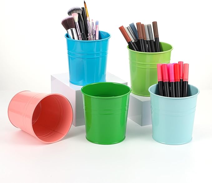 10 Pcs Metal Pen Holder, Colorful Desktop Pencil Cup, Mini Stationary Supplies Buckets, Round Makeup Brush Storage Organizers for Office Home School Classroom Accessory, 3.9 x 3.9 x 3.15 Inches