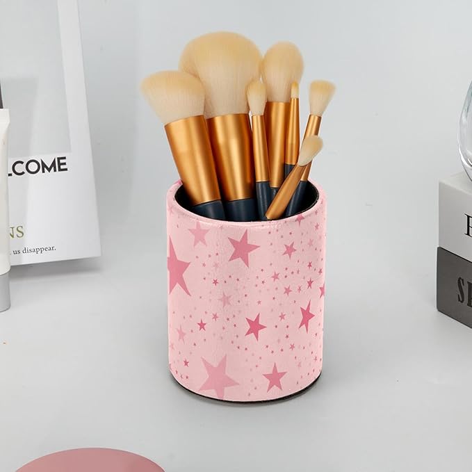 Pen Holder Pencil Holder for desk, Round Desktop Organizer Star Pink Pencil Cup for Office, School, Home and Stationary Supplies