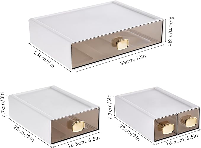2 PACK Desk Organizer with Drawer Stackable Storage Drawer Small Desktop Drawer Plastic Clear Desk Organization Storage Box for Accessories, Markers, Clips, Cables (White,M-2 Drawer,Pack of 2)