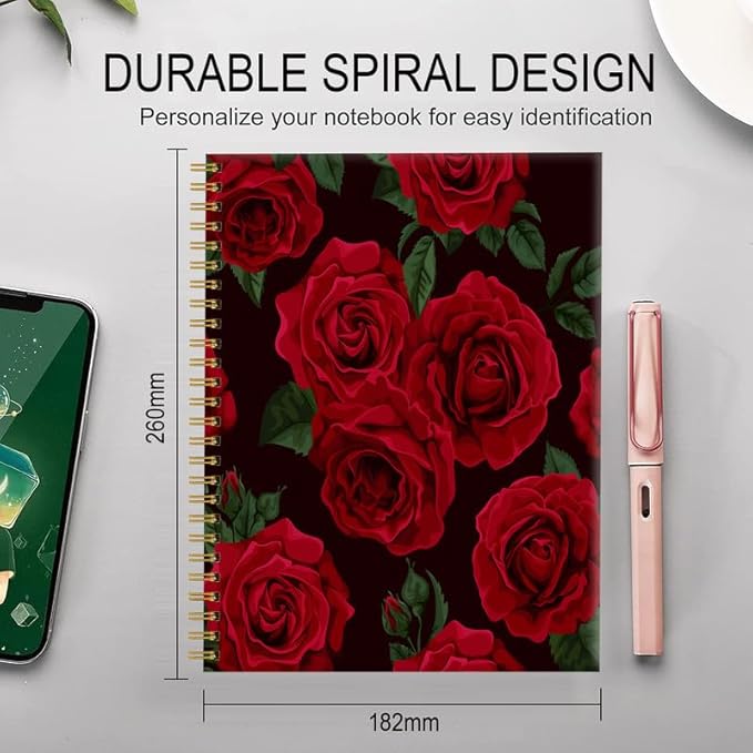 Spiral Journal Notebook for Women,A5 College Ruled Notebooks 6"x 8.4", 120 Pages (60 Sheets) Lined Journal with Premium Thick Paper,Perfect for School Office Home(Black Rose Floral)