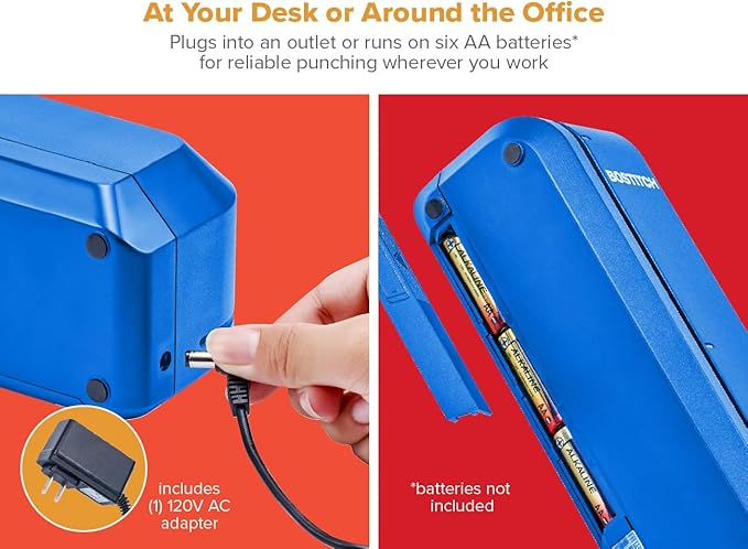 Bostitch Office Electric 3-Hole Punch, Dual Paper Loading, Heavy Duty, Jam-Free 20 Sheet Capacity, AC Adapter or Battery Powered, Space Saving, Blue, (EHP20-BLUE)