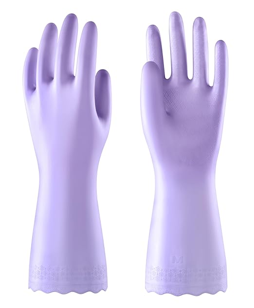 Mr.Panda Skin-Friendly Flocked Cotton Liner Cleaning Gloves Large, Reusable Dishwashing Gloves for Washing Dishes, Kitchen, Shimmering Pink