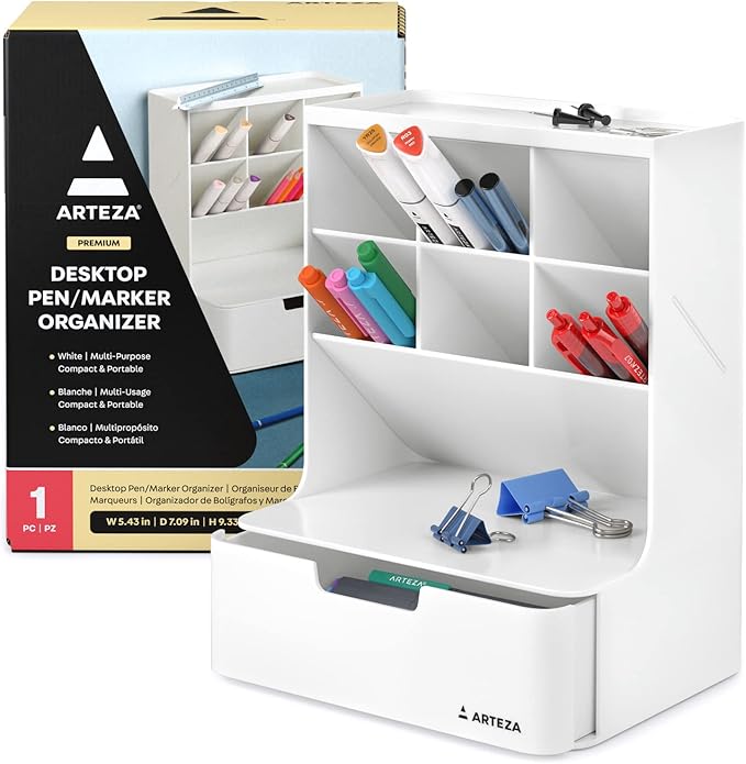 ARTEZA Desktop Pen and Marker Organizer, 6-Compartment White Pen Holder for Desk with Stationery Drawer, Makeup Organizer