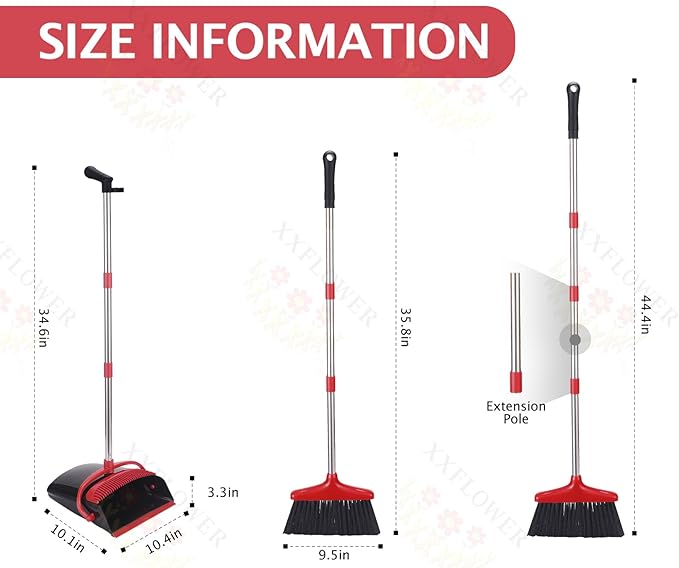XXFLOWER Broom and Dustpan Set with Long Handle, Light Weight Stainless Steel Poles Stand Upright Dustpans with Broom Combo for Home Kitchen Office Pet Dog Hair, Black & Red Color, 1-Pack