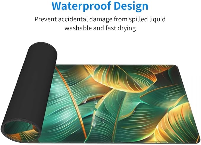Desk Pad,Office Desk Mat 31.5"×11.8" Large Gaming Mouse Pad,Durable Extended Computer Mouse Pad,Waterproof Thick Big Mouse Pads with Non-Slip Rubber Base Office Home Gold Green Palm Leaves