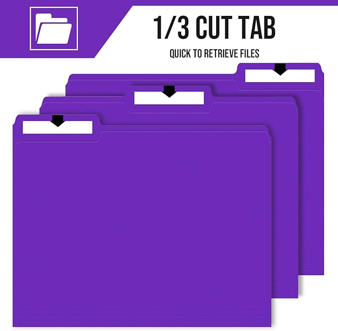 File Folders,IntoJoy 120 Pack Colored File Folder Letter Size, 1/3 Cut Tab Filing Folders for Office School Business File Document Organization,Purple