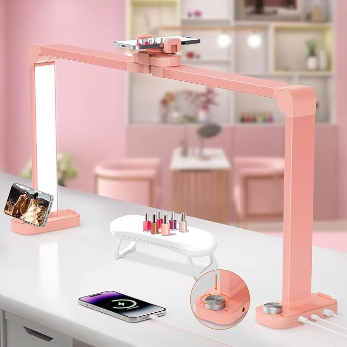 iVict Premium Large Nail Desks Light, 34" Foldable Lash Light for Eyelash with Phone Stand, 0-100% Adjustable Brightness, 3000K-6000K Color Temperature Led Desk lamp for Nail(Pink)