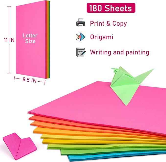 Colored Copy Paper 8.5X11 Inches,180 Sheets 9 Colors Brightness Color Paper Letter Size Printer Paper 24 lb/90GSM for Arts Crafts DIY Projects School Office Supplies Origami Kids