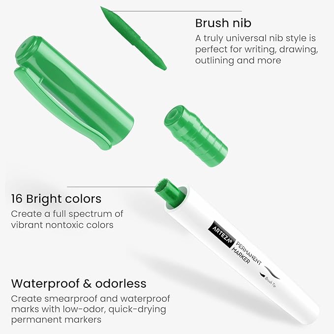 ARTEZA Colored Permanent Markers, Set of 16, Brush Tip Pens