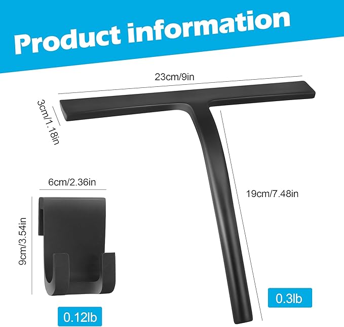 DNZPFU Shower Squeegee for Glass Doors, Mirror Window Tile Scrubber Cleaner with Hook Silicone (Black)