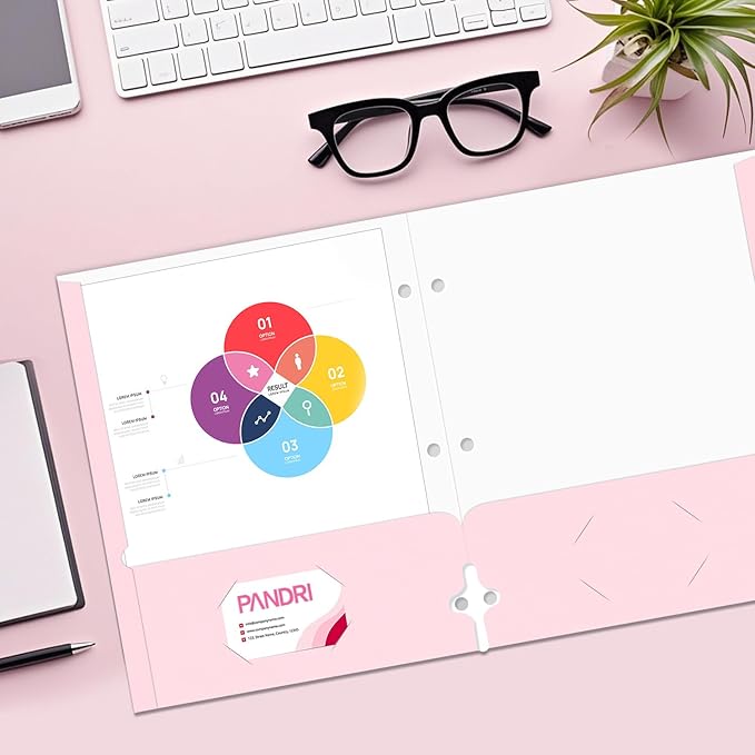 Two Pocket Portfolio Folders, PANDRI 60 Pack 3 Hole Punched 2 Pocket Folders for 3 Ring Binder, Letter Size Paper File Folder for School Office Home Business, Pink