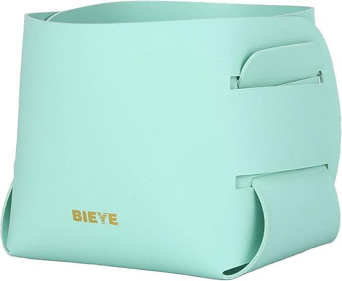 Bieye LSB008 Collapsible Leather Storage Bin Decorative Desk Organizer for Jewelry Makeup Pen Pencil Glasses Remote Controller Storage (Mint Green, 4" WX4 LX4 H)