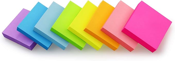 Sticky Notes 2x2 inch Bright Colors Self-Stick Pads 8 Pads/Pack 100 Sheets/Pad Total 800 Sheets