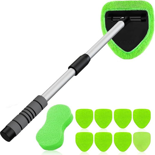 XINDELL Windshield Cleaning Combo – 29" Large-Head Window Cleaner Tool with Extendable Handle & 4 Microfiber Pads + 5-Pack Replacement Triangular Covers for Interior/Exterior Auto Glass, Streak-Free C