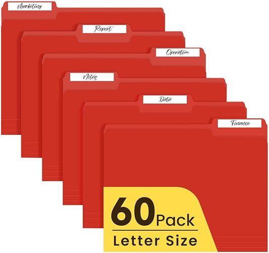 Colored File Folders Letter Size, 60 Pack Red Folders 1/3 Cut Tabs, Assorted Pastel Color Office School Buiness Folders for Filing Organization, Paper File Folder Bulk Set