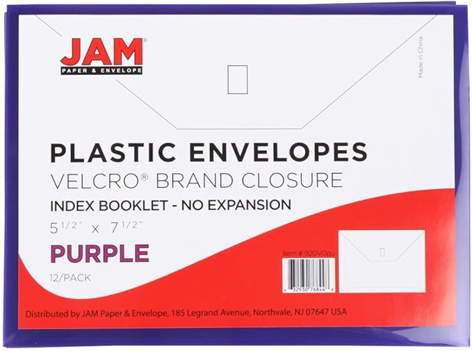 JAM PAPER Plastic Envelopes with Hook & Loop Closure - Index - 5 1/2 x 7 1/2 - Purple - 12/Pack