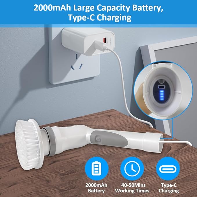 Electric Spin Scrubber, Cordless Bathroom Scrubber Cleaning Brush Cleaner with Adjustable Extension Long Handle, Battery Level Display, 3 Brush Head, 1 Sponge Head