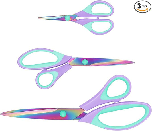Scissors, Sharp Titanium Coating Blades, Soft Grip Handle, Multi-Purpose Scissors Set of 3 Suitable for Families, Office, and School Use, Purple Green