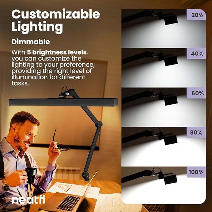 Neatfi 3,000 Lumens Ultra LED Desk Lamp with Clamp, 30W Dimmable Monitor Light, 5 Brightness Levels & 5 Light Modes (Black, 28 Inches with Metal Arm)