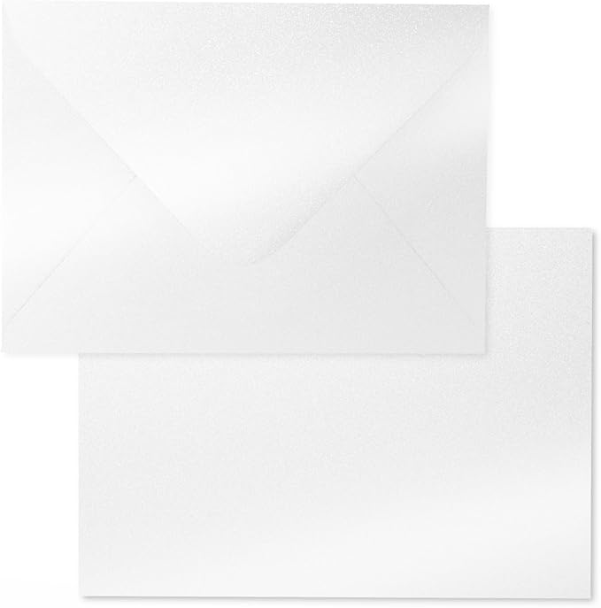 Shimmer Shiny White Envelopes 5.25 x 7.25 inches 100 PCS, Goefun A7 Euro V Flap Envelopes with Gummed Seal for 5 x 7 Cards, Wedding, Baby Showers, Birthday, Graduation
