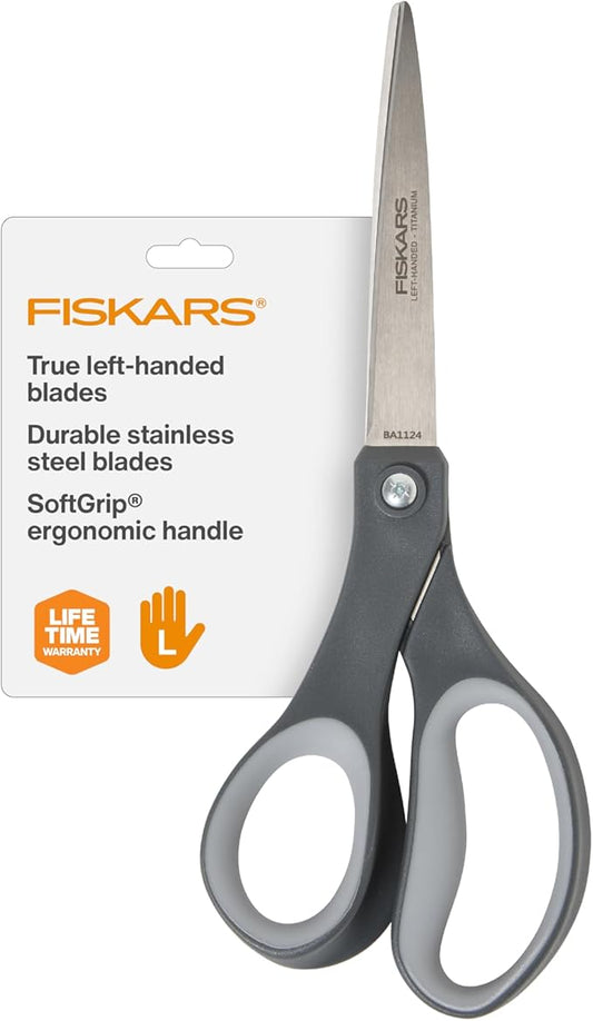 Fiskars 8” Left-Handed Titanium Scissors, SoftGrip Handle for Comfort, Durable Stainless Steel Blades for Home and Office Use