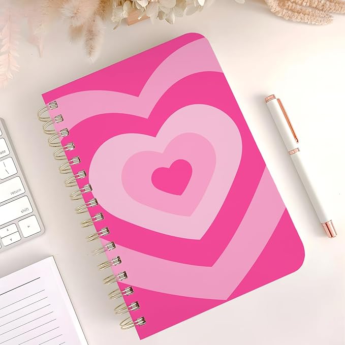 Cute Spiral Notebook journal A5 Aesthetic Pretty Floral Design for Women Girls Kawaii with Pocket, 8.5 x 5.7 inch, Pink Heart
