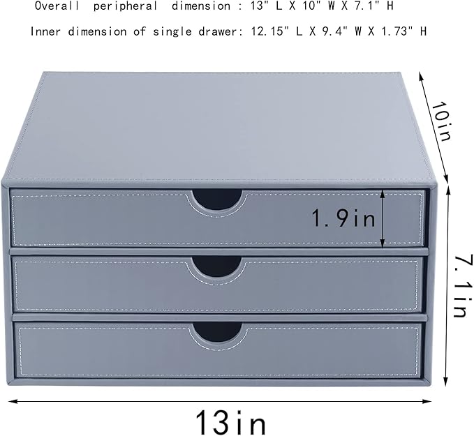 Leather Desk Organizer with 3 Drawers/Tray, Executive Office Supplies Desktop Filing A4 File Cabinet/Holder, Stackable Storage Box Grey (Gray)