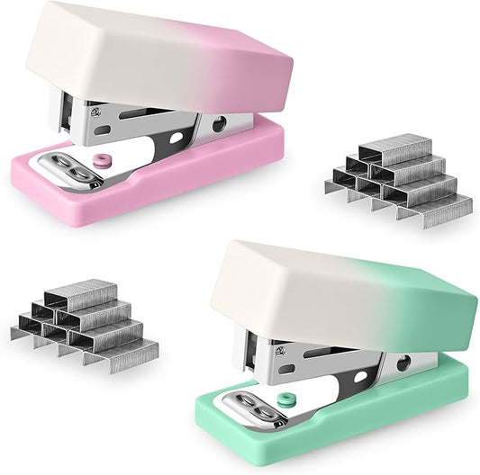 Temiary 2 Pcs Mini Desktop Stapler with Staples Standard, Small Cute Stapler for Desk, 12 Sheets Capacity, Gradient Staplers for Student or Office Use (Green & Pink)