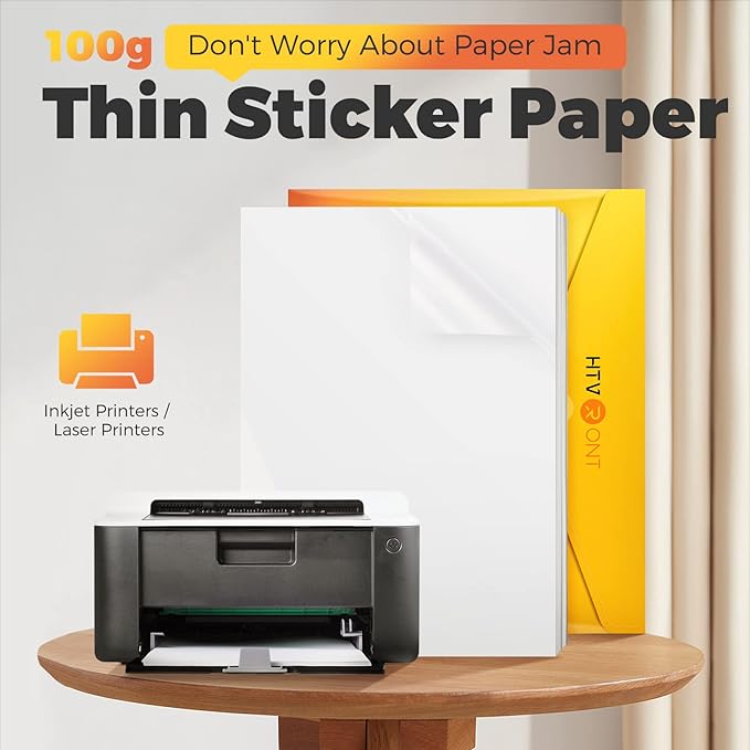 HTVRONT Printable Vinyl Sticker Paper, 100 Sheets Glossy Waterproof Sticker Paper For Inkjet Printer & Laser Printer, Dries Quickly-Standard Letter Size 8.5"X11"