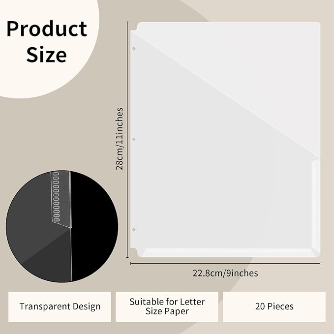 20 Pack Binder Dividers with Pockets Letter Size Clear Slash File Jacket 3 Hole Punch Plastic Document Folders for Office Home School (Transparent)