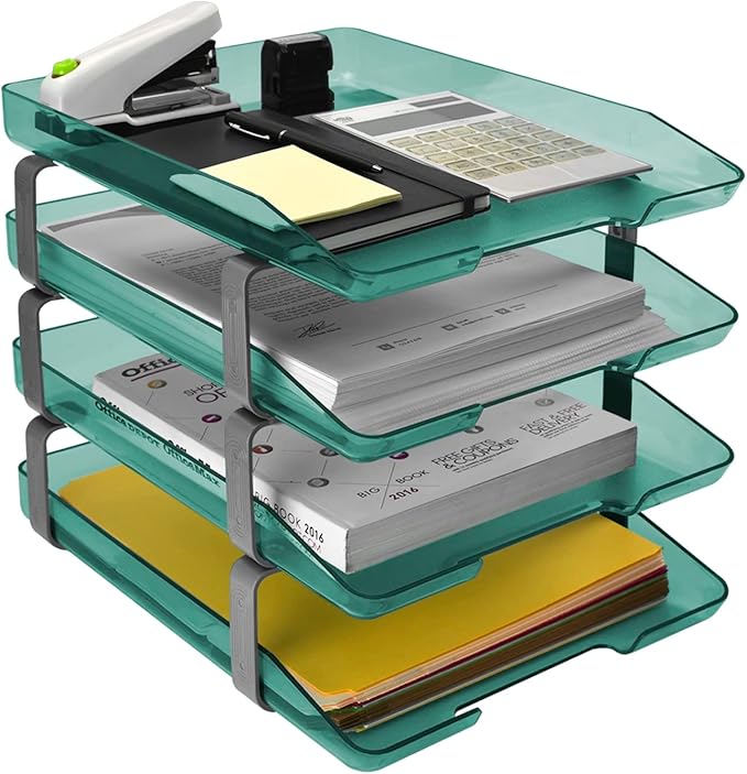 Acrimet Traditional 4 Tier Letter Tray, Front Load Design, A4 Letter Size, Desktop Organizer (Plastic) (Clear Green Color)