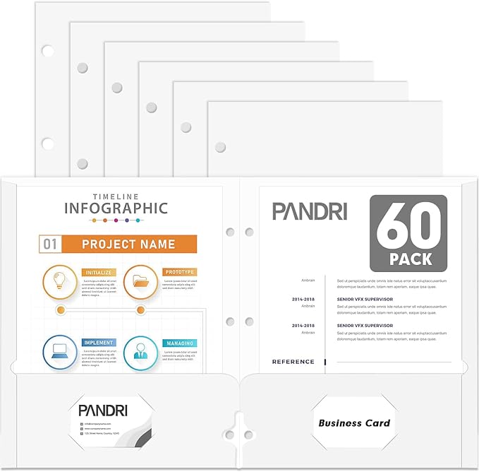 Two Pocket Portfolio Folders, PANDRI 60 Pack 3 Hole Punched 2 Pocket Folders for 3 Ring Binder, Letter Size Paper File Folder for School Office Home Business, White