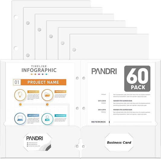 Two Pocket Portfolio Folders, PANDRI 60 Pack 3 Hole Punched 2 Pocket Folders for 3 Ring Binder, Letter Size Paper File Folder for School Office Home Business, White