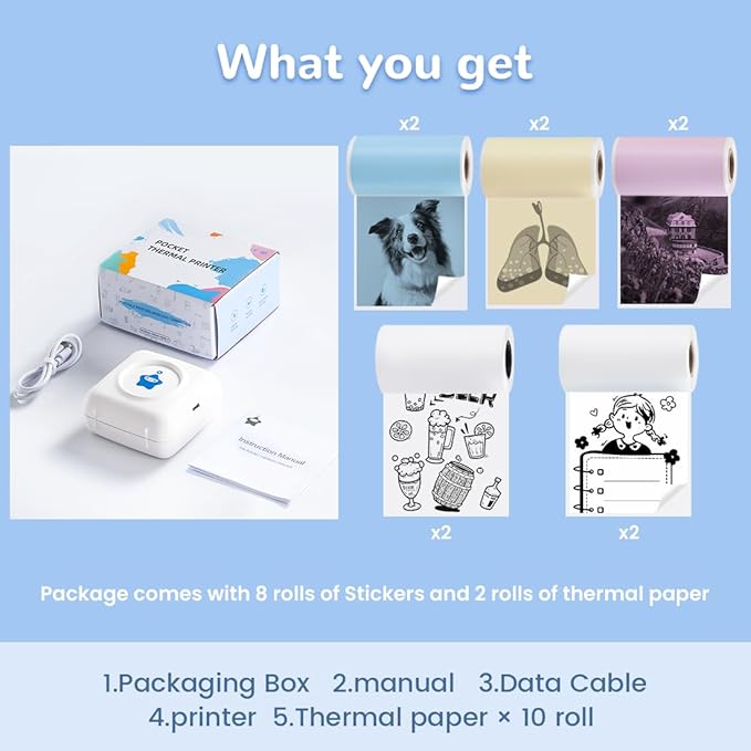 vretti Sticker Printer - TP2-Y Mini Portable Thermal Printer with 10 Rolls Thermal Paper, Inkless Sticker Maker Machine Bluetooth Mini Pocket Printer for iPhone, Study Graphics, Photos, Students