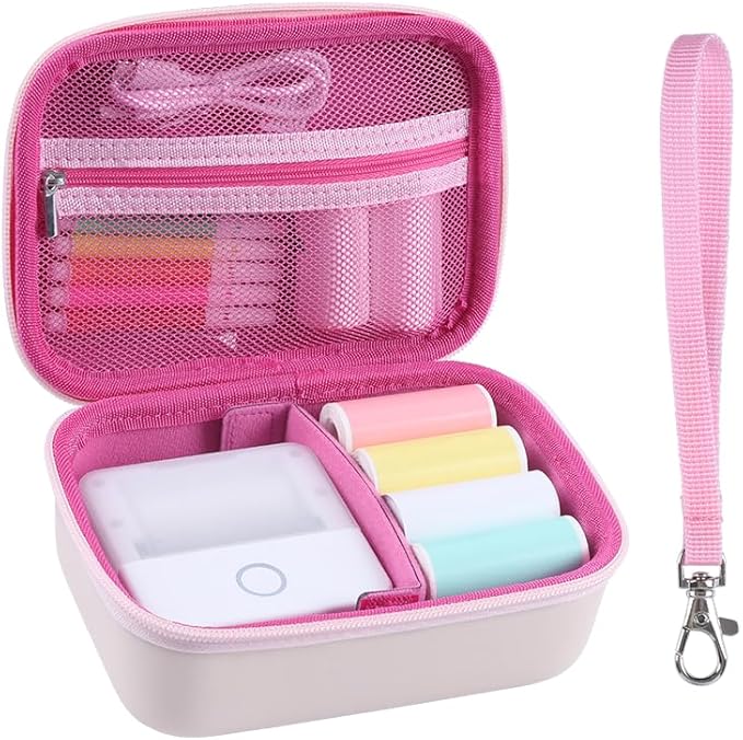 Carrying Case for Print Pods Mini Printer, Portable Mini Thermal Sticker Maker Travel Bag with Mesh Pocket, Bluetooth Label Printer Protective Storage Holder for Printing Paper & Accessories (Pink)