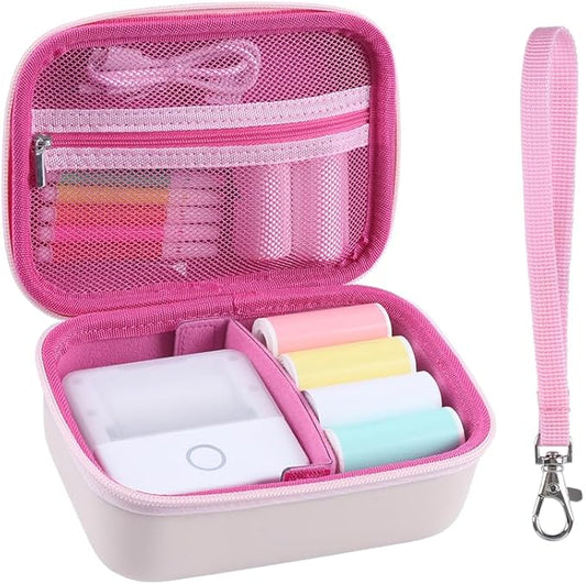 Carrying Case for Print Pods Mini Printer, Portable Mini Thermal Sticker Maker Travel Bag with Mesh Pocket, Bluetooth Label Printer Protective Storage Holder for Printing Paper & Accessories (Pink)