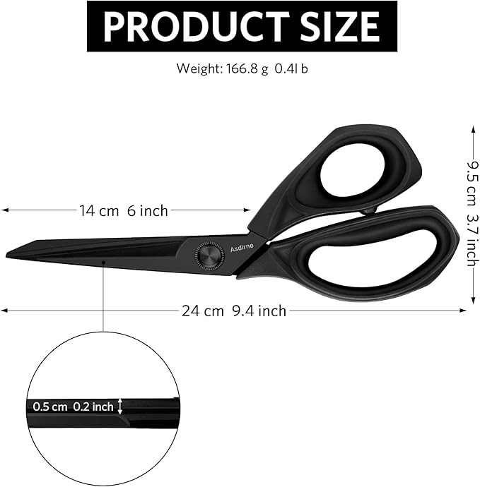 Black Titanium Fabric Scissors, Dressmaking Scissors with Heavy Duty Multi-Purpose Titanium Coated Blades and Comfortable Soft Grip Handles, Black, 25CM