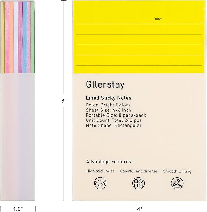 8 Pack Lined Sticky Notes 4x6 in Ruled Stickies Super Sticking Power Memo Pads Bright Colors, 240 Sheets Strong Adhesive Lined Sticky Notes, Eucalyptus & Mint Scented Post it Notes- Teacher Supplies