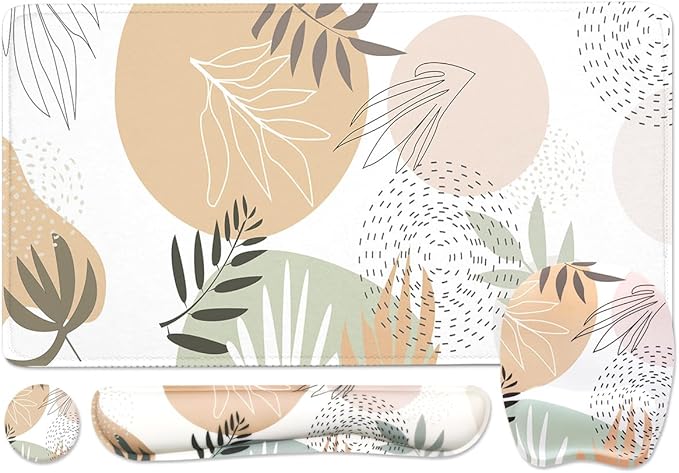 Keyboard Wrist Rest Large Mouse Pad Wrist Support for Computer, 4 in 1 Memory Foam Keyboard Pad Desk Mat Ergonomic Hand Rest Wrist Cushion for Home Office Gaming - Minimalist Plant