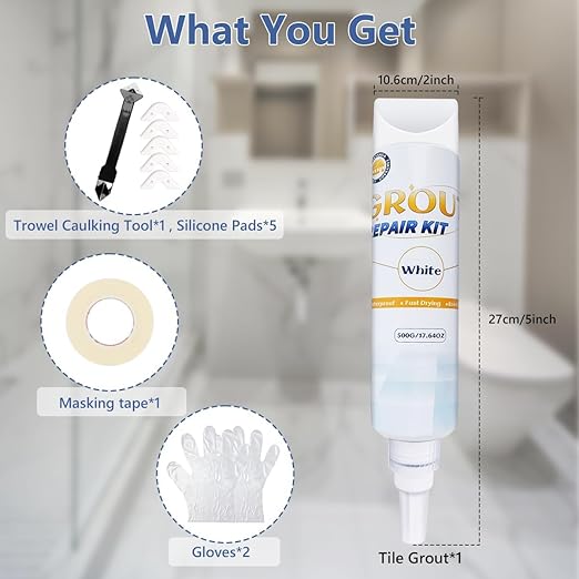 17.64 oz Tile Grout Repair Kit - Grout Filler, Fast Drying Sealer Waterproof Paint with Silicone Trowel Scraper, Restore & Renew Bathroom Shower Kitchen Floor Tile Joints, Line, Gaps (White)