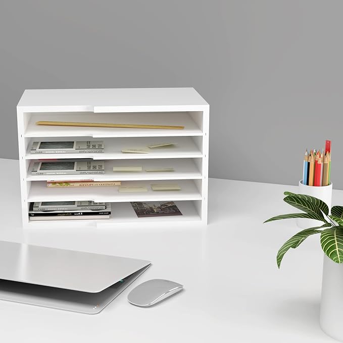 LAPTAIN Desktop File Sorter with 4 Adjustable Shelves for Home and Office, Paper Letter Tray Organizer Wall Mount, White