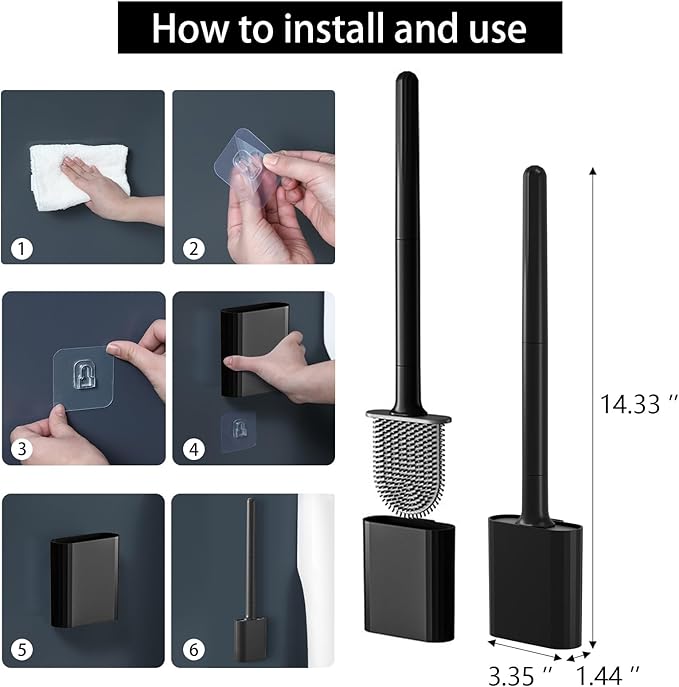 Black Toilet Brush, Toilet Bowl Brush, Silicone Toilet Brush and Holder, Compact Size, Toilet Brushes & Holders for Dead Corner Clean, Ventilation Slots Base